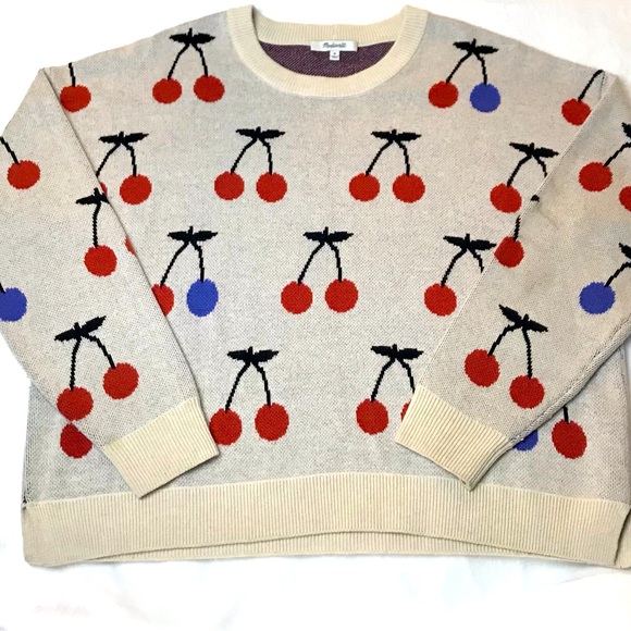 Madewell Sweaters - Madewell Cherry Print Jacquard Pullover Sweater Womens Size Medium *Flaw Read*